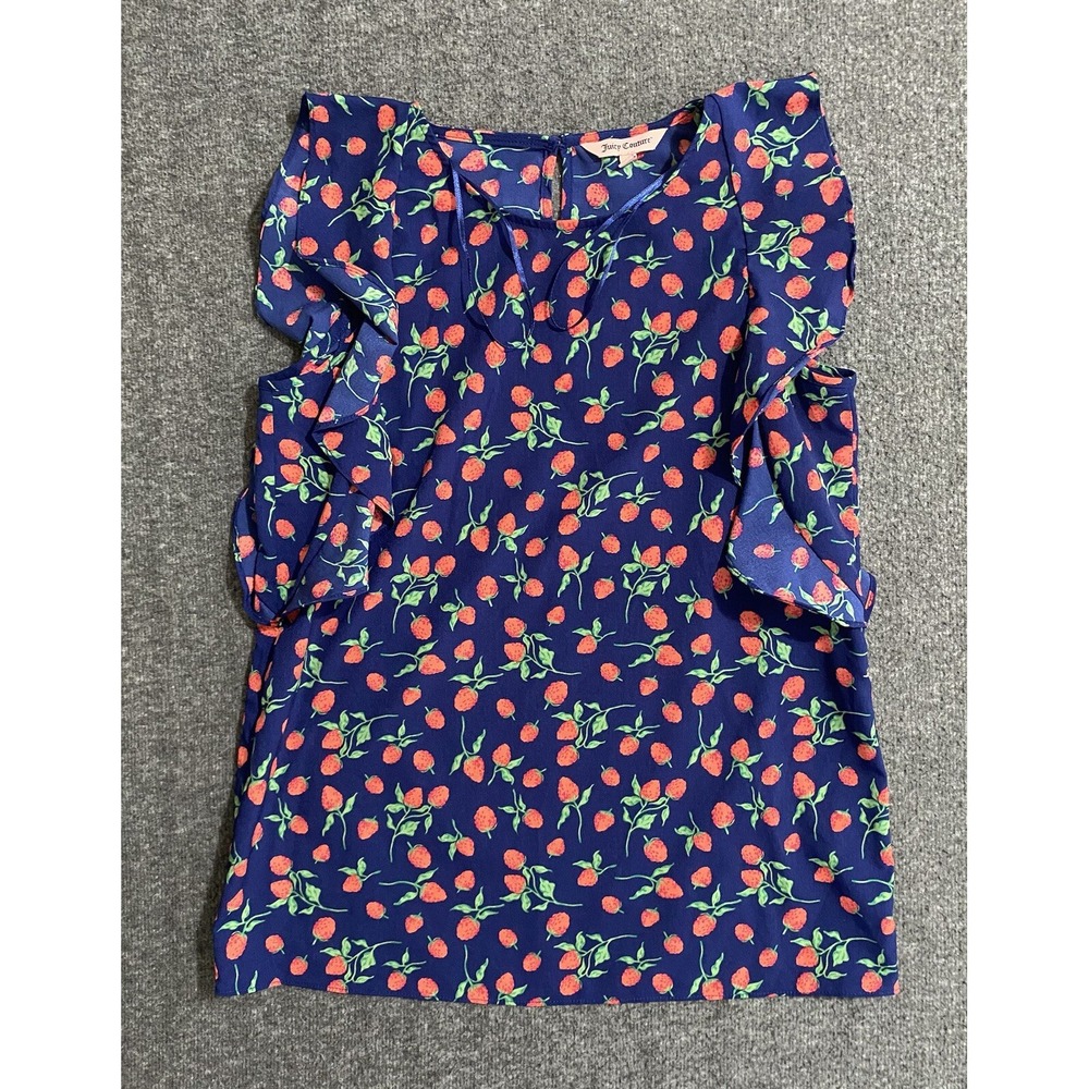 Juicy Couture Blouse Womens Navy Raspberry Strawberry Ruffle Size XS